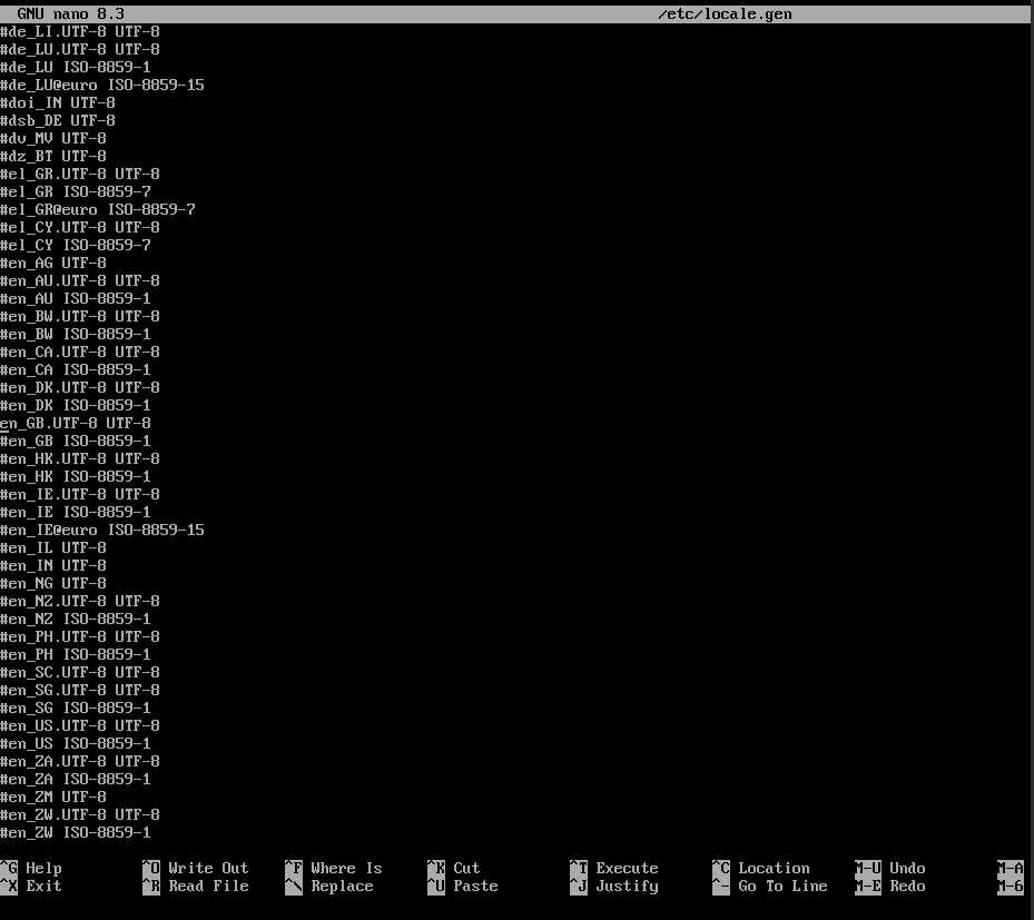 Nano editing /etc/locale.gen