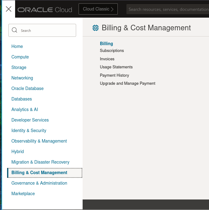 Dropdown showing billing and cost management menu